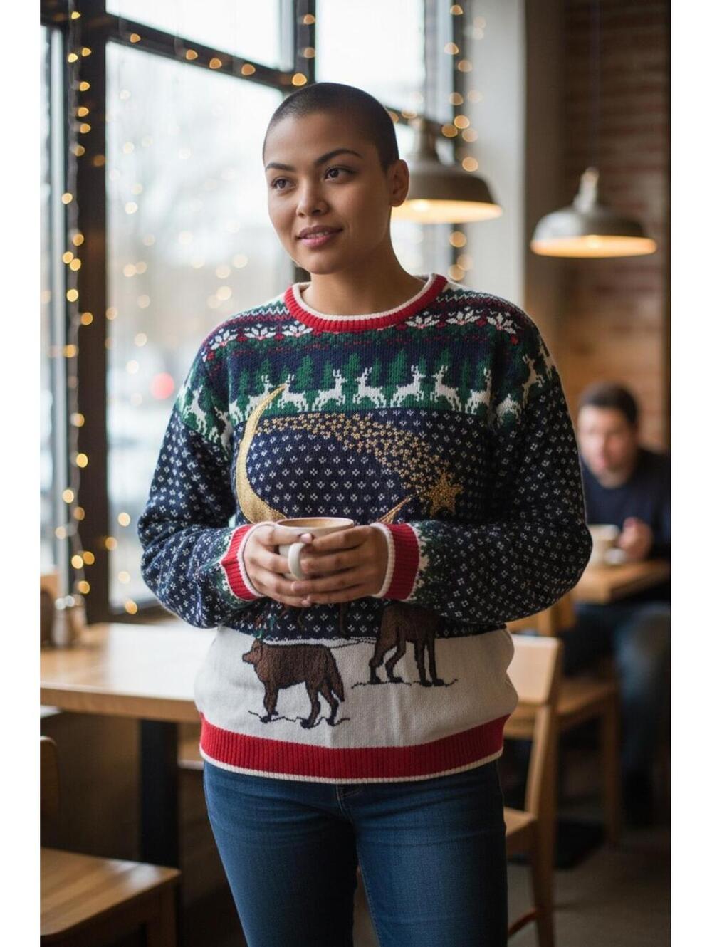 Holiday Time Ugly Christmas Sweater‎ Unisex Multicolor 2XL Reindeer Wolf Moon